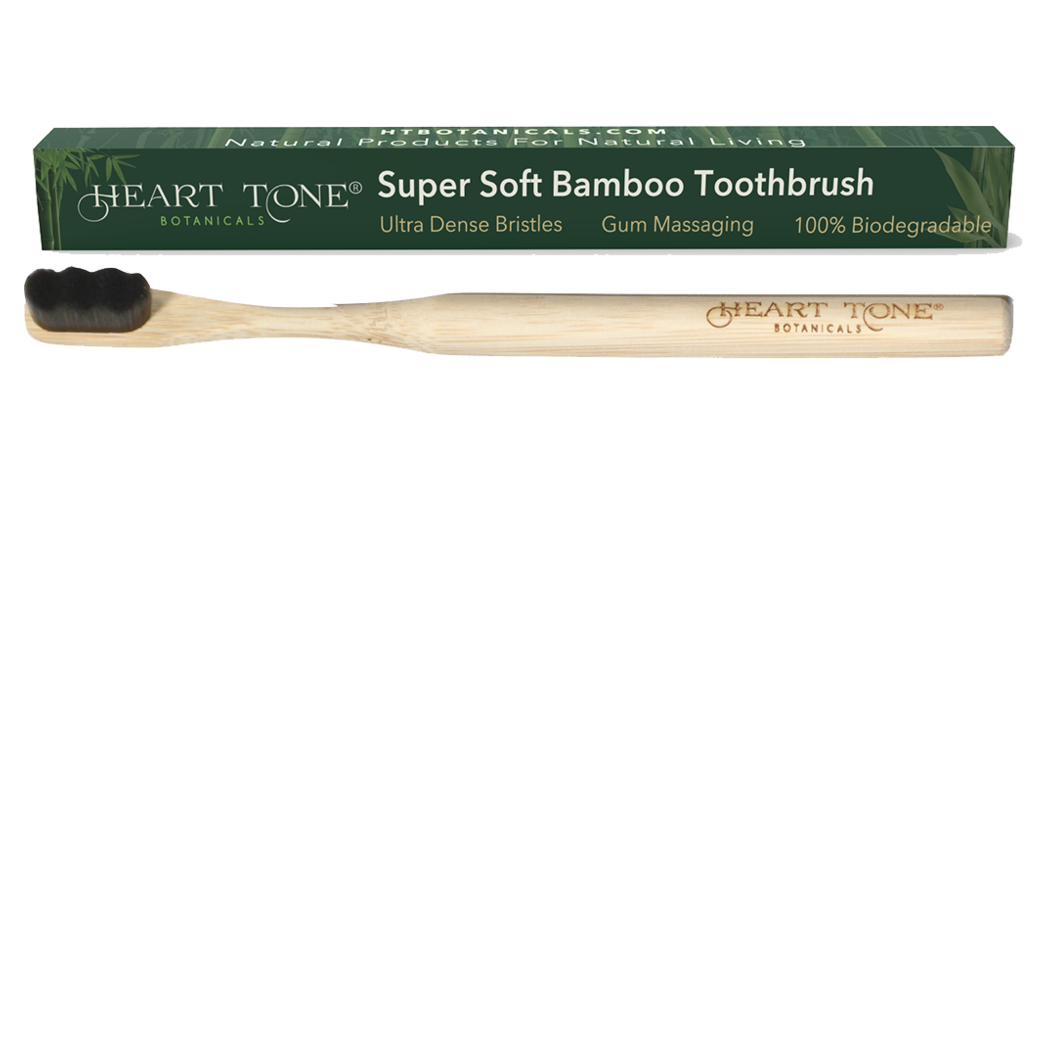 Bamboo Toothbrush - Heart Tone Botanicals product box and brush