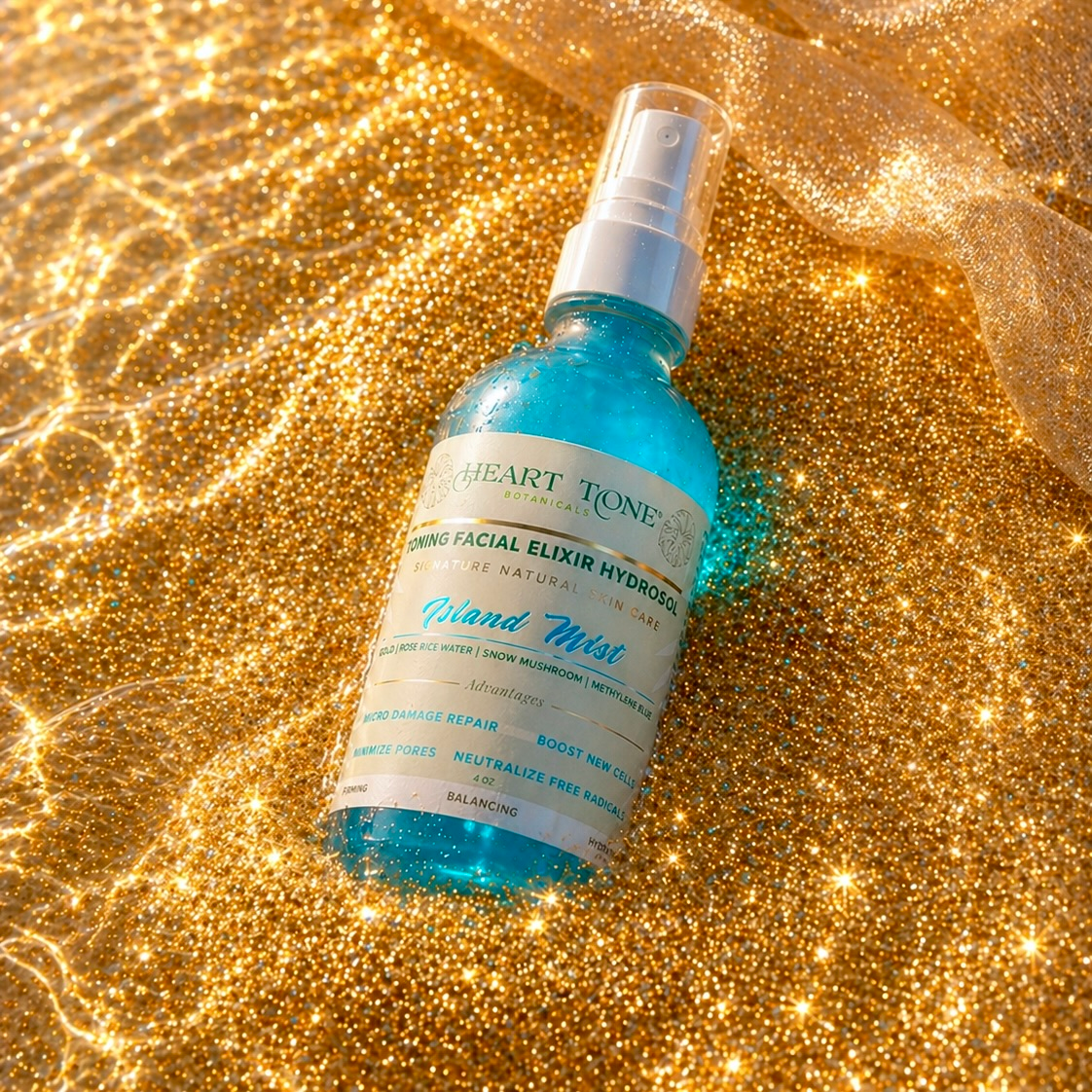 Island Mist Toning Facial Elixir Hydrosol - gold luxury flat lay